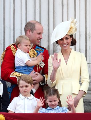 Prince Louis, Prince George, Prince William, Duke of Cambridge, Princess Charlotte and Catherine, Duchess of Cambridge during Trooping The Colour