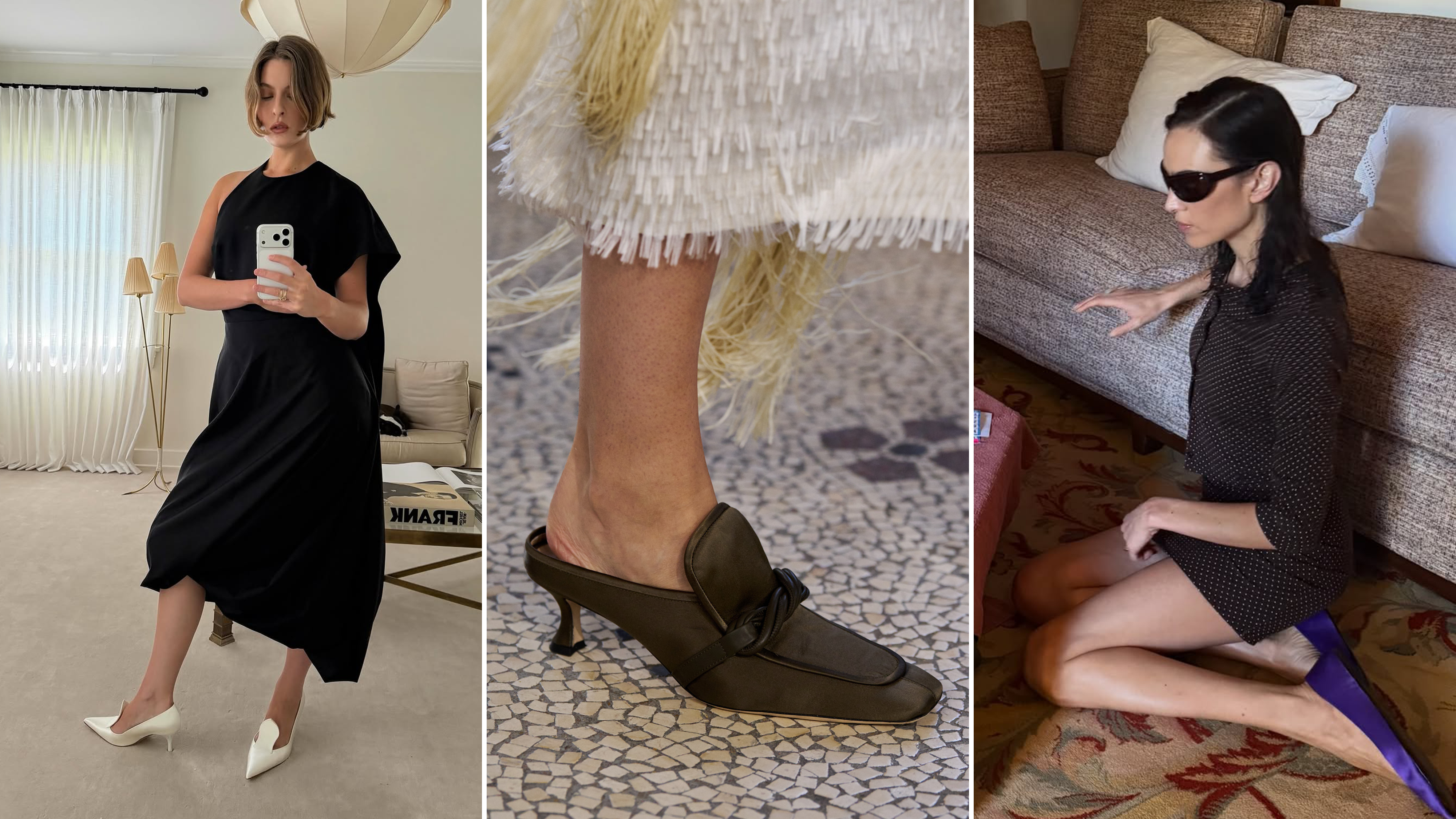 Collage of the satin shoe trend on the runways and fashion people.