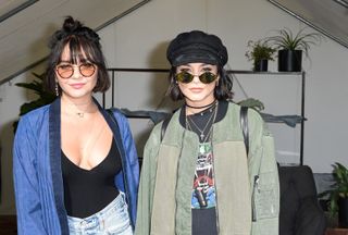 Actresses Stella Hudgens and Vanessa Hudgens attend the Hudson Jeans FYF Fest Style Lounge at Exposition Park on July 23, 2017 in Los Angeles, California