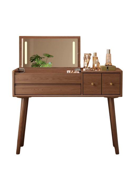 Solid Wood Makeup Vanity With Flip Mirror and Lighting