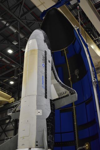 Another view of the encapsulated X-37B, a robotic vehicle that's about 29 feet (8.8 meters) long.