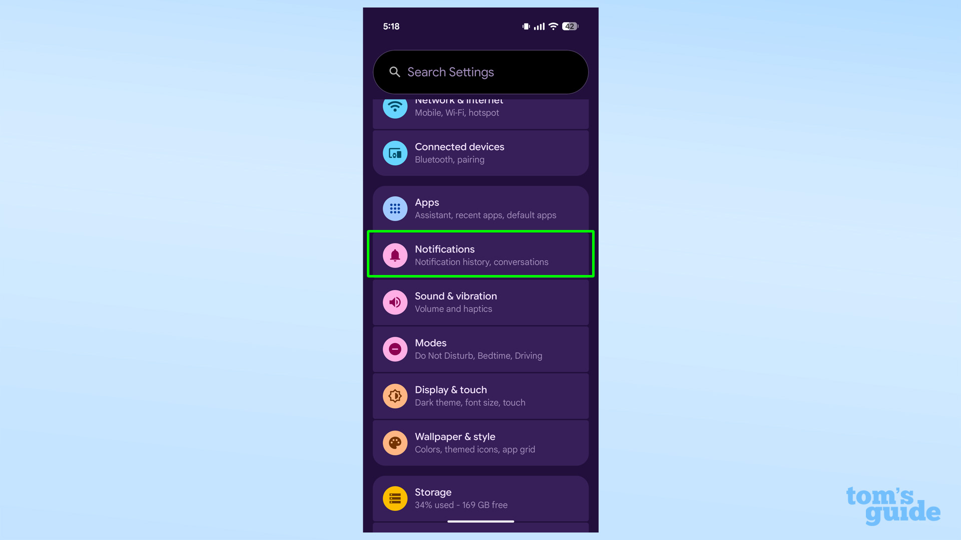 Pixel Settings menu with Notifications sub-menu highlighted