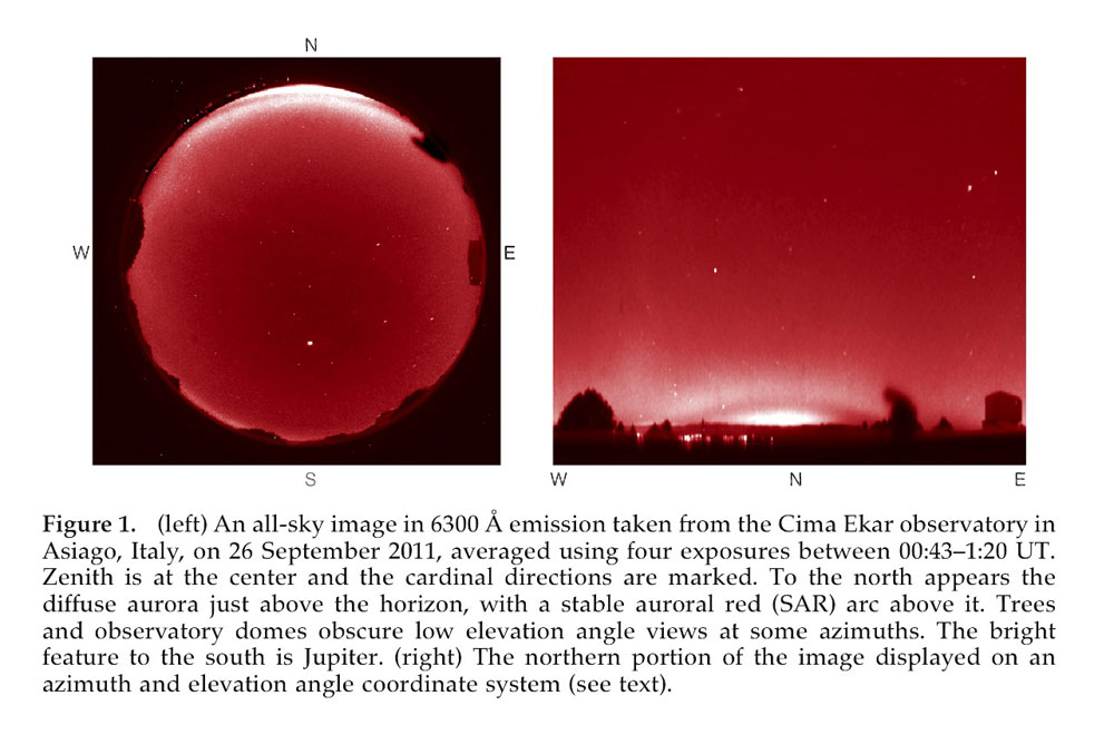 Image of night sky with aurora and red arc