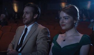La La Land Ryan Gosling and Emma Stone smiling on a movie date