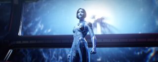 A projection of Cortana triumphantly standing on the deck of the UNSC Infinity.