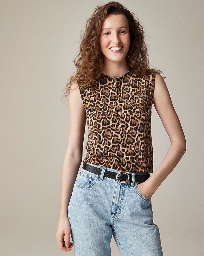 Featherweight Cashmere-Blend Sweater Shell in Leopard Print