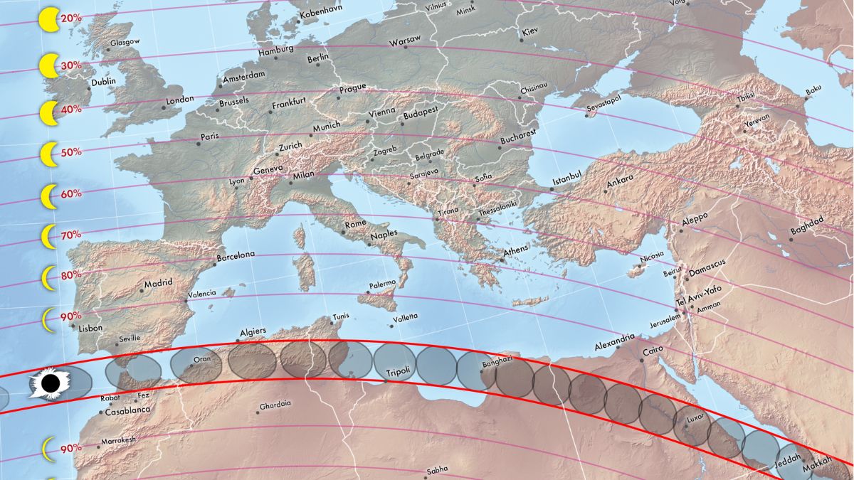 Map of Europe, Africa &amp;amp; Asia showing showing the path of totality on Aug. 2, 2027: a curved red eclipse path across North Africa, with gray shadow circles and yellow visibility-percentage markers.