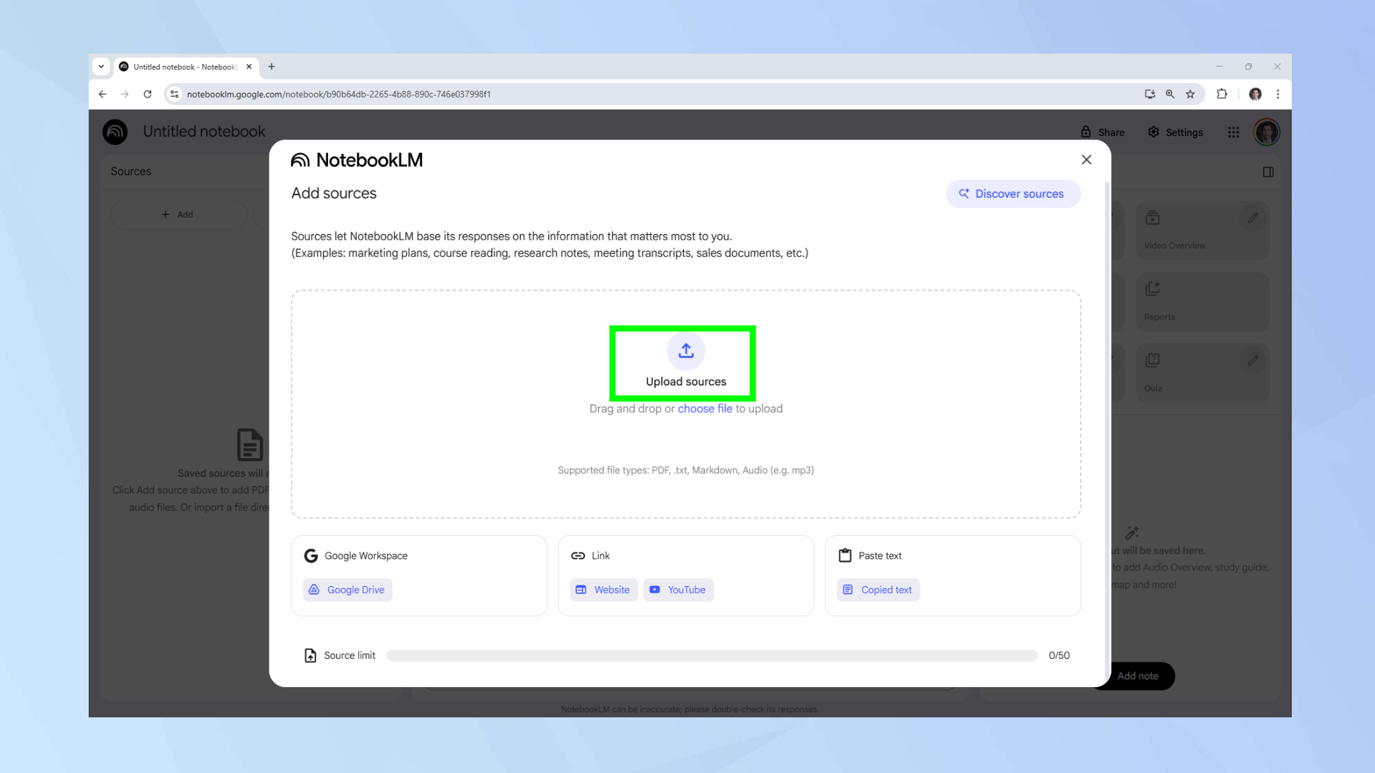 NotebookLM upload your sources 