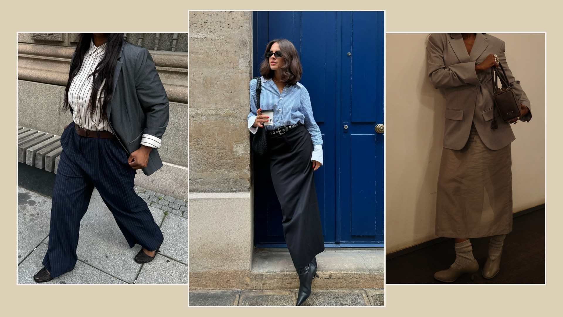 Three fashion people wear Gen Z capsule wardrobe outfits.
