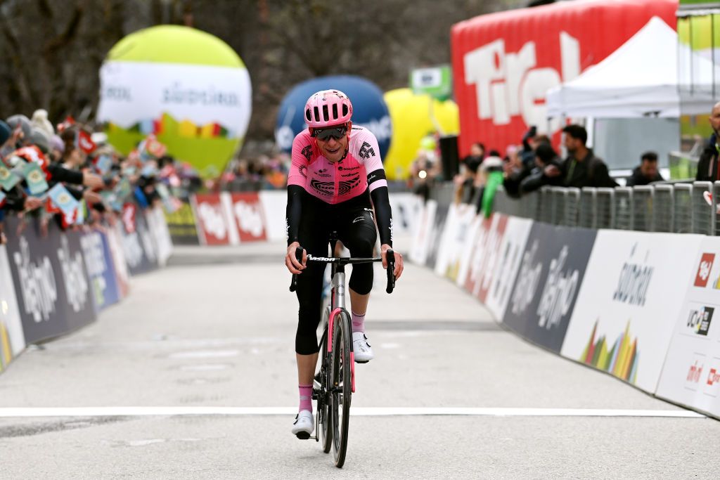 ALPBACH AUSTRIA APRIL 17 Hugh Carthy of United Kingdom and Team EF EducationEasypost crosses the finish line on third place during the 46th Tour of the Alps 2023 Stage 1 a 1275km stage from Rattenberg to Alpbach 984m on April 17 2023 in Alpbach Austria Photo by Tim de WaeleGetty Images