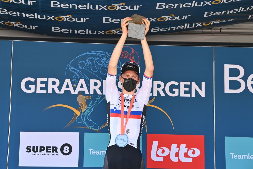 Slovenian Matej Mohoric of Bahrain Victorious celebrates on the podium after winning stage seven of the Benelux cycling tour from Namur to Geraardsbergen 1809 km Sunday 05 September 2021BELGA PHOTO DAVID STOCKMAN Photo by DAVID STOCKMANBELGA MAGAFP via Getty Images