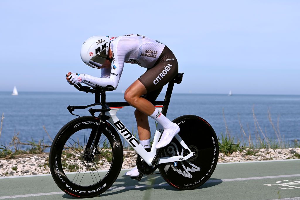 ORTONA ITALY MAY 06 Alex Baudin of France and AG2R Citron Team sprints next to the Trabucco Fishing platform during the 106th Giro dItalia 2023 Stage 1 a 196km individual time trial from Fossacesia Marina to Ortona UCIWT on May 06 2023 in Ortona Italy Photo by Tim de WaeleGetty Images