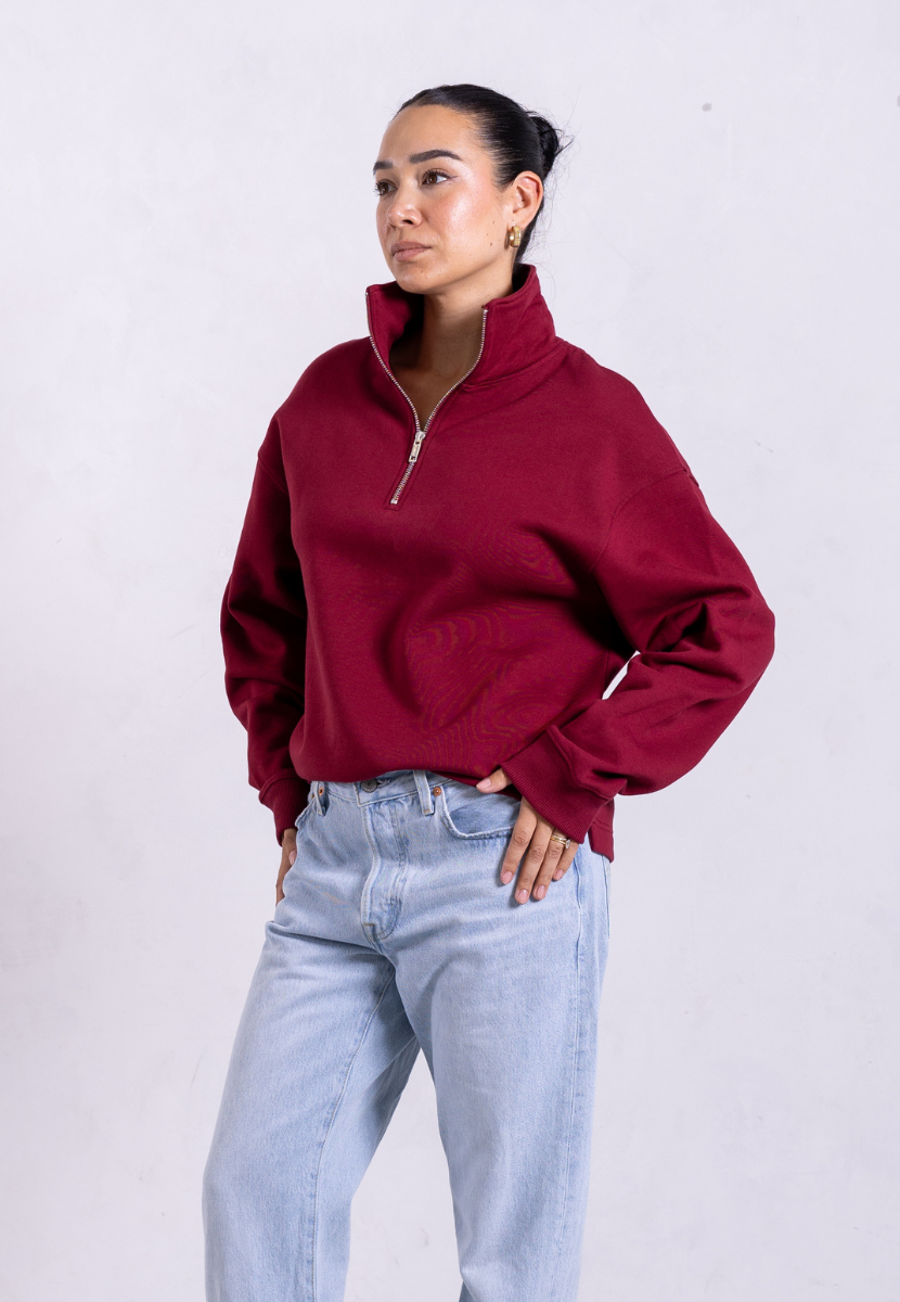 Organic Cotton Quarter Zip Sweatshirt, Ruby Wine