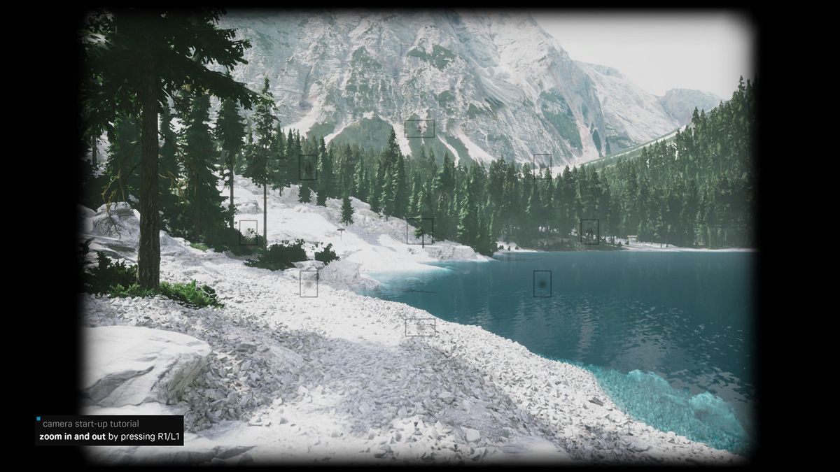 Screenshot of the photography simulator game Lushfoil Photography Sim, depicting a snowy mountain scene with glacial lake