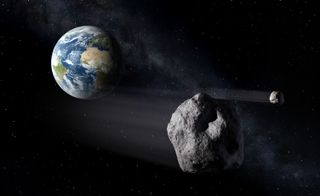 Graphic illustration of asteroid Apophis, a large space rock on the right and Earth on the left. A smaller space rock is toward the very right of the image. 