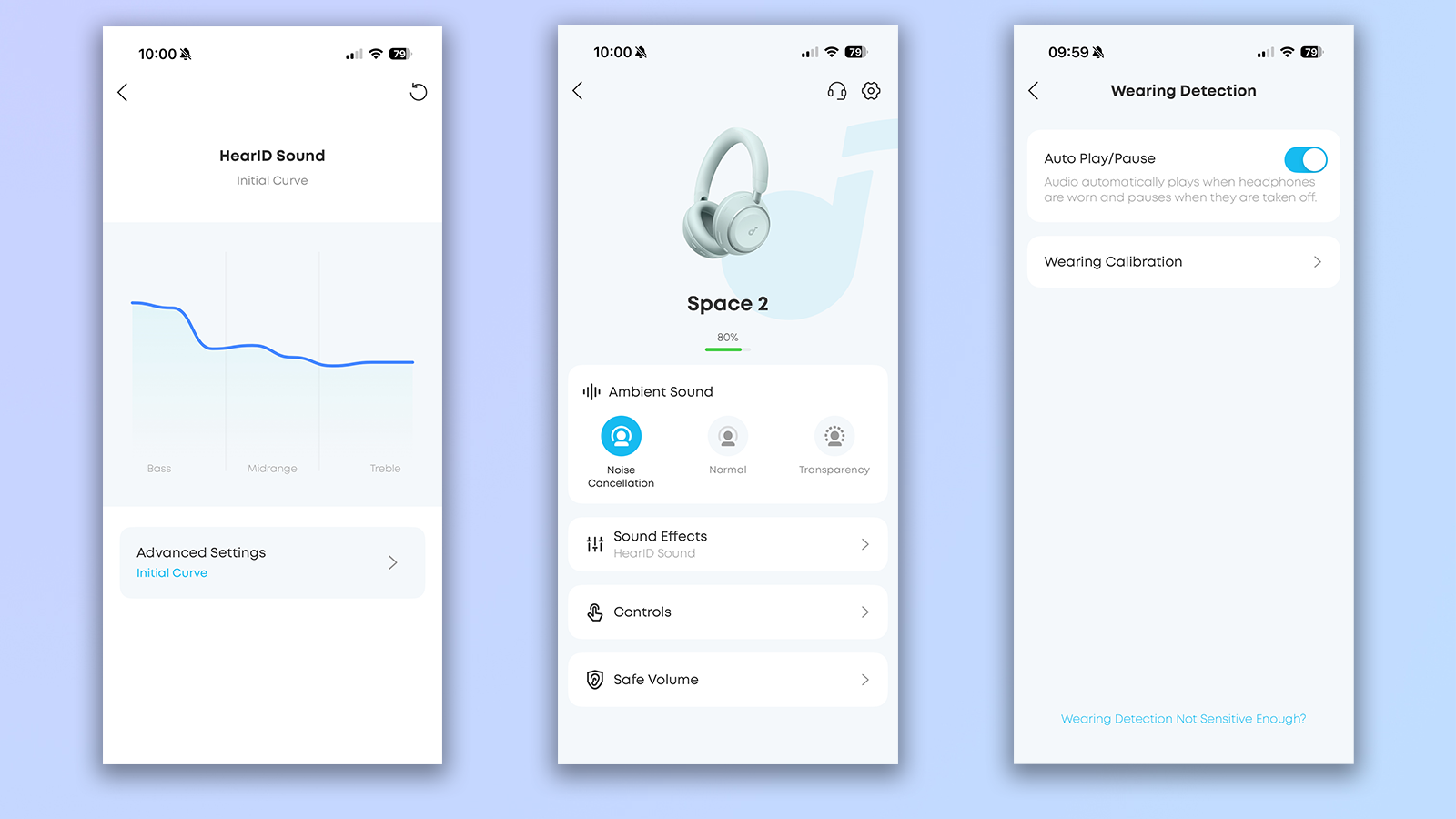 three screenshots from the soundcore app showing customization options with soundcore space 2 headphones