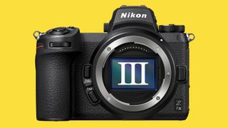 Nikon Z7 III mockup, against a yellow background