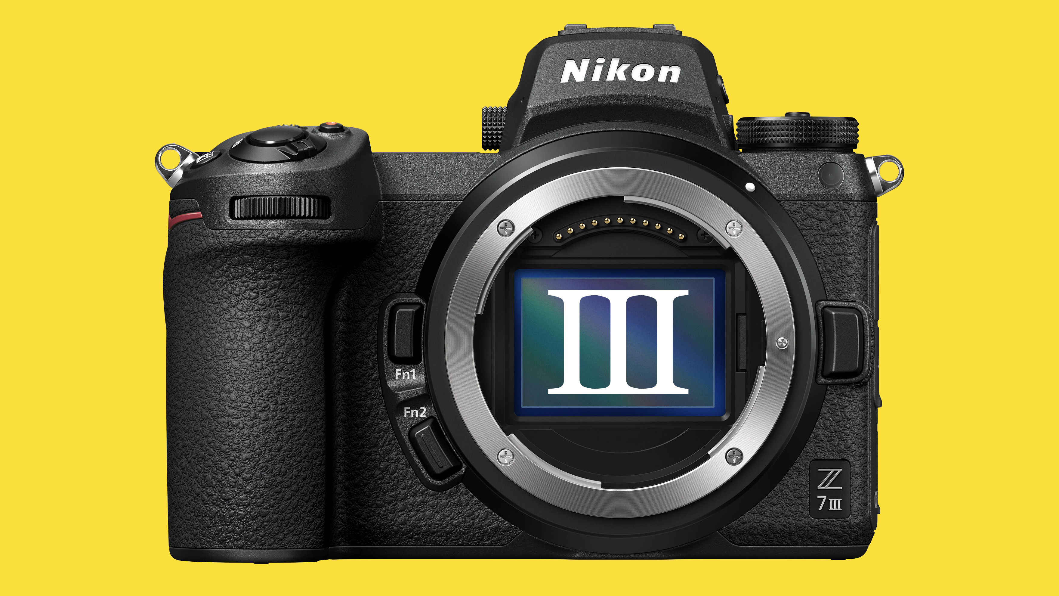 Nikon Z7 III mockup, against a yellow background