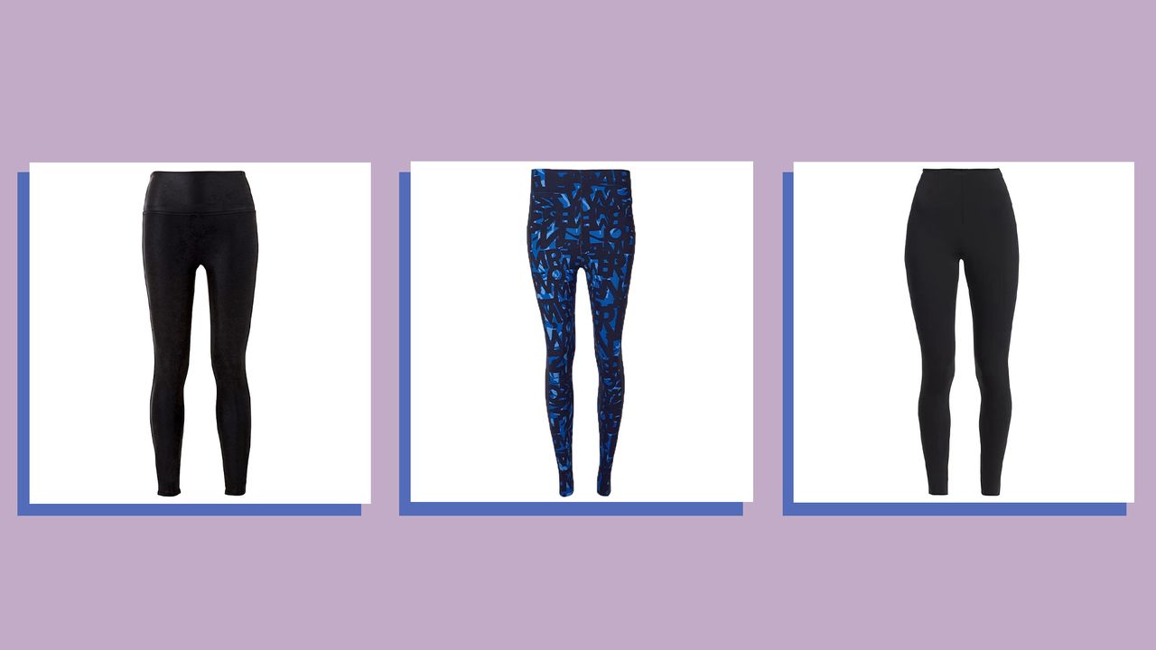 Three of w&amp;h&#039;s best leggings picks in a collage image on a purple background, with styles from Sweaty Betty and Spanx