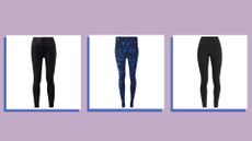 Three of w&h's best leggings picks in a collage image on a purple background, with styles from Sweaty Betty and Spanx