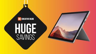 a product image of the Microsoft Surface Pro 7 on a colourful background with the words huge savings