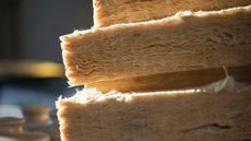 Stack of mineral wool for energy insulation of buildings stored at a construction site