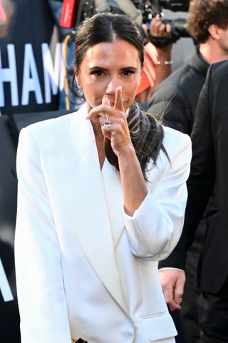 Victoria Beckham pictured wearing a large diamond ring as she attends the Netflix 'Beckham' UK Premiere at The Curzon Mayfair on October 03, 2023 in London, England.