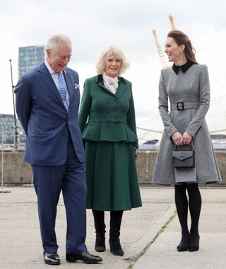 Kate Middleton's favorite outfit - Prince Charles, Prince of Wales, Camilla, Duchess of Cornwall and Catherine, Duchess of Cambridge arrive for their visit to The Prince's Foundation training site for arts and culture at Trinity Buoy Wharf on February 3, 2022 in London, England