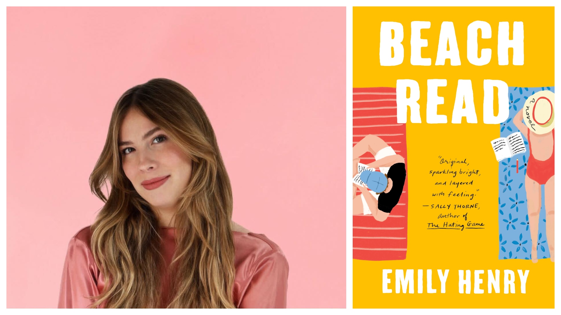 a split image of author emily henry wearing a pink shirt and smiling and the cover of the romance novel beach read
