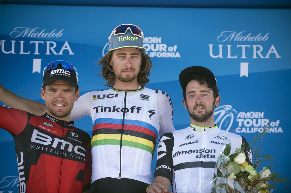 Nathan Haas (Dimension Data) on the podium with Van Avermaet and Sagan in California