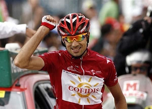 David Moncouti&eacute; (Cofidis) is victorious in stage 13 atop Sierra Nevada.