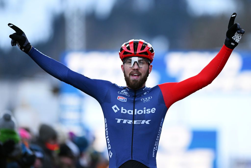 VAL DI SOLE ITALY DECEMBER 10 Joris Nieuwenhuis of The Netherlands and Team Baloise Trek Lions celebrates at finish line as race winner during the 3rd UCI Cyclocross World Cup Val di Sole 2023 Mens Elite on December 10 2023 in Val di Sole Italy Photo by Dario BelingheriGetty Images
