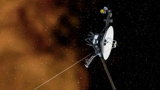 An illustration of the Voyager 1 spacecraft, which is traveling through interstellar space.