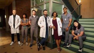 Zachary Quinto (center) as neurologist Dr. Oliver Wolf surrounded by the supporting cast of medical drama Brilliant Mind