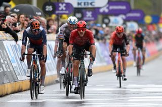 Michael Matthews and Luca Mozzato sprint at finish line during Tour of Flanders