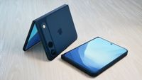 An unofficial render of the iPhone Fold, closed and open in a tent position