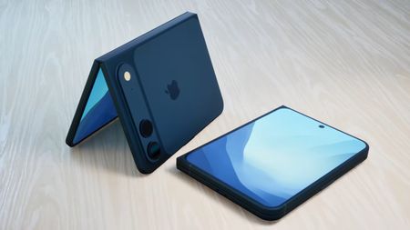 An unofficial render of the iPhone Fold, closed and open in a tent position