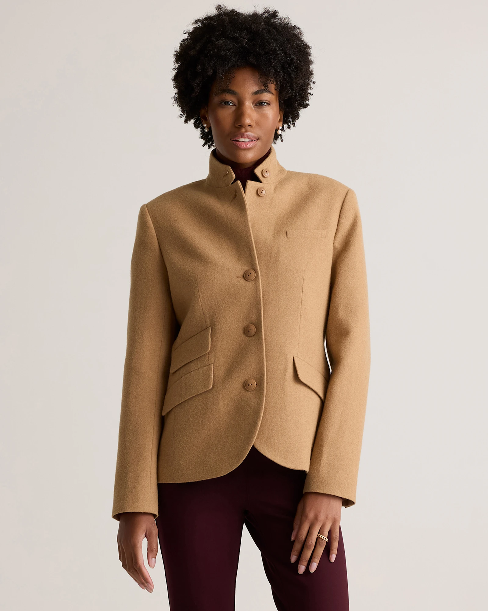 Italian Wool Stand Collar Blazer in Warm Camel, Size Xs