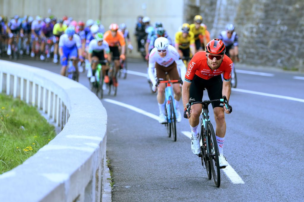 AMASAVILLABONA SPAIN APRIL 05 Thibault Guernalec of France and Team Arka Samsic attacks during the 62nd Itzulia Basque Country Stage 3 a 1539km stage from Errenteria to AmasaVillabona 167m UCIWT on April 05 2023 in AmasaVillabona Spain Photo by David RamosGetty Images