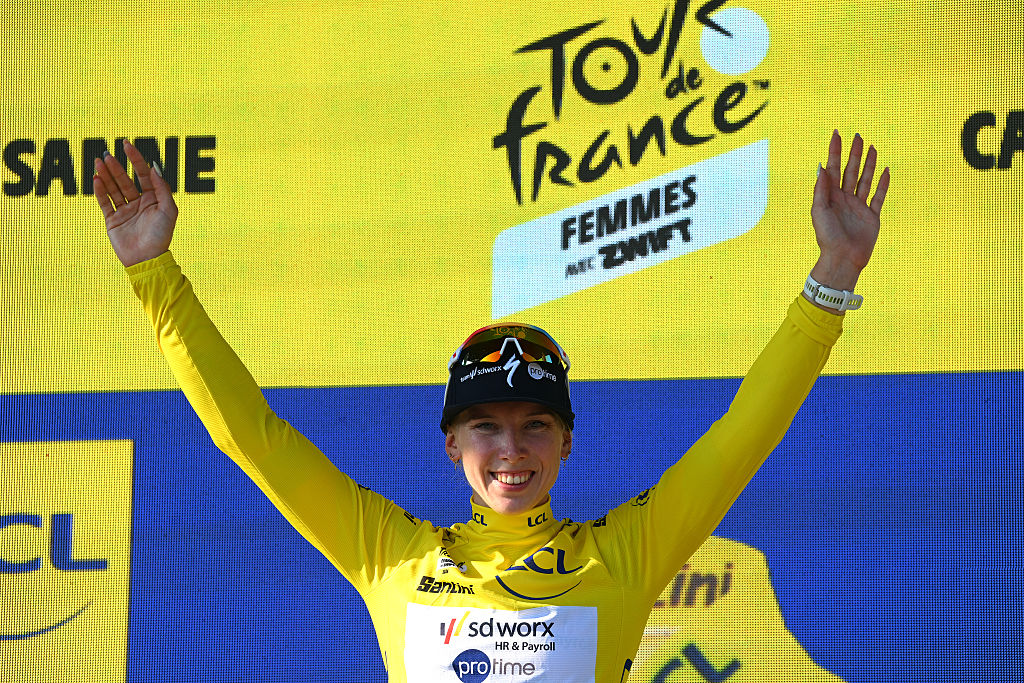 LAUSANNE, SWITZERLAND - AUGUST 01: Lorena Wiebes of Netherlands and Team SD Worx - Protime celebrates at podium as Yellow Leader Jersey winner during the 5th Tour de France Femmes 2026, Stage 1 a 138km stage from Lausanne to Lausanne / #UCIWWT / on August 01, 2026 in Lausanne, Switzerland. (Photo by Tim de Waele/Getty Images)