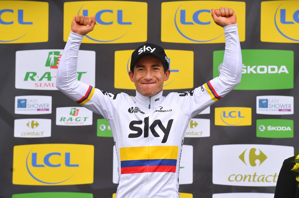 Colombian champion Sergio Henao (Team Sky) celebrates his Paris-Nice win