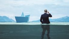 Illustrations shows a businessman standing half submerged next to a ship.