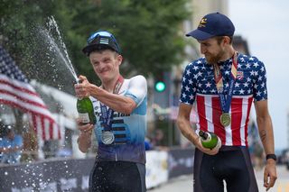 Tyler Stites celebrates second place finish in road race at 2022 USA Cycling Pro Road Nationals