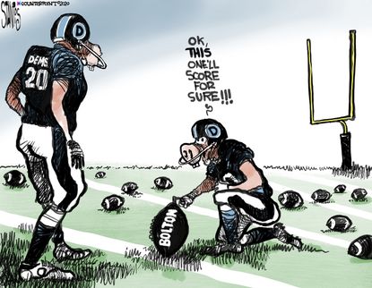 Political Cartoon U.S. football Impeachment Bolton field goal