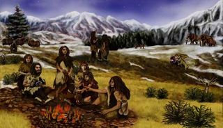 An artist's depiction of a Neanderthal family.