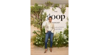 Kerry Washington wearing polka dot top and jeans to goop podcast launch