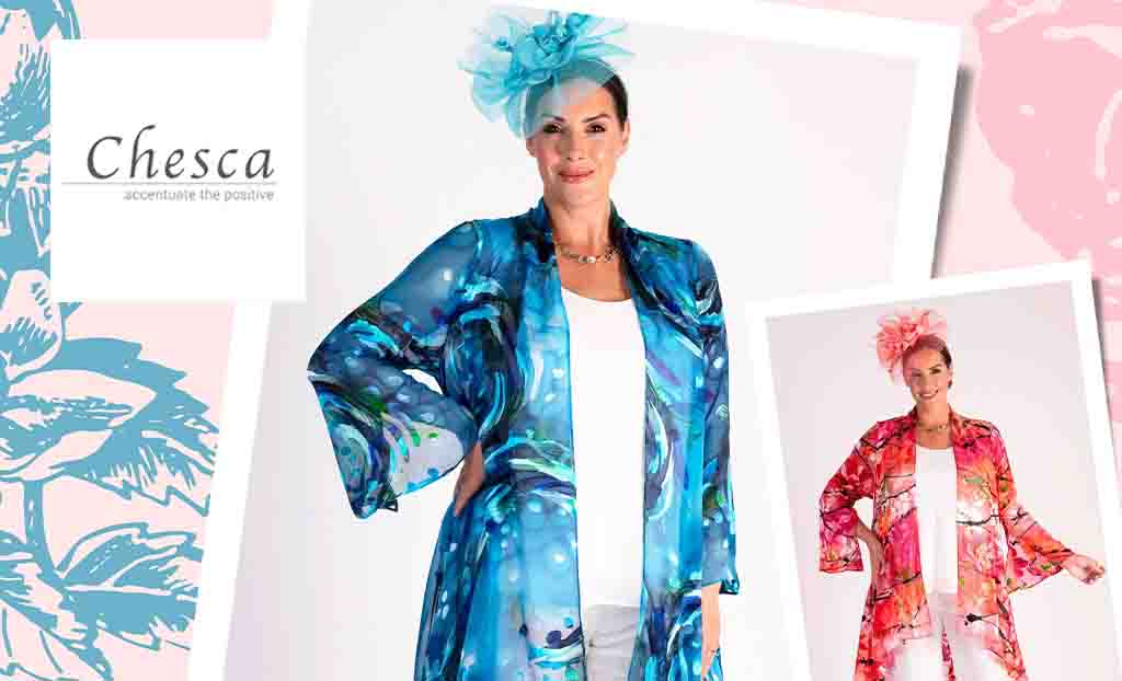 Chesca logo placed over a collage of a woman wearing fancy outfits in both red and blue