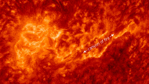 The 12,000 miles long canyon of fire that opened on the surface of the sun, spitting out filaments of charged plasma.