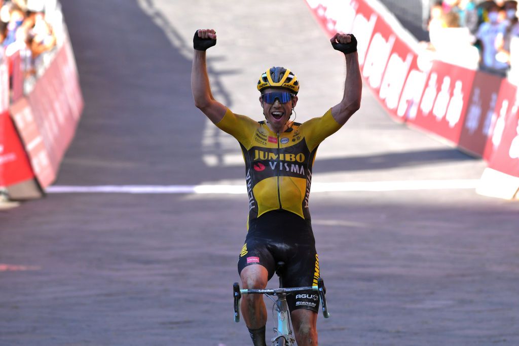 SIENA ITALY AUGUST 01 Arrival Wout van Aert of Belgium and Team JumboVisma Celebration during the Eroica 14th Strade Bianche 2020 Men a 184km race from Siena to SienaPiazza del Campo StradeBianche on August 01 2020 in Siena Italy Photo by Tim de WaeleGetty Images