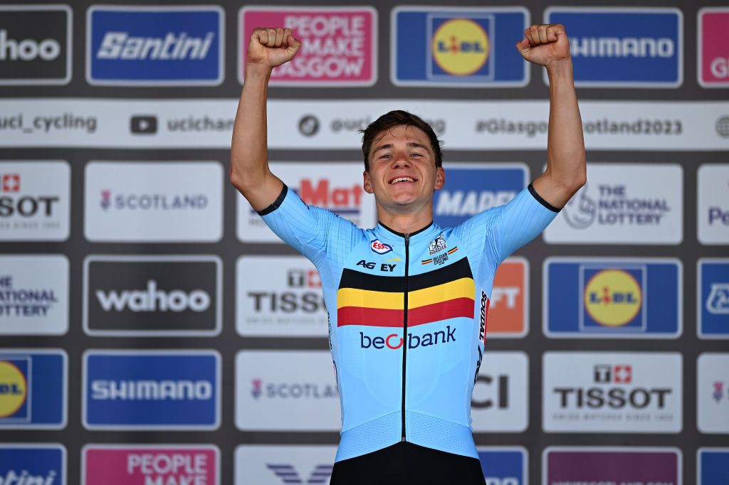 STIRLING SCOTLAND AUGUST 11 Gold medalist Remco Evenepoel of Belgium celebrates winning during the medal ceremony after the Men Elite Individual Time Trial a 478km race from Stirling to Stirling at the 96th UCI Cycling World Championships Glasgow 2023 Day 9 UCIWT on August 11 2023 in Stirling Scotland Photo by Dario BelingheriGetty Images